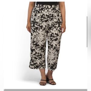 Christian Siriano Black White Linen Wide Leg Pants M Tropical Floral Summer NWOT